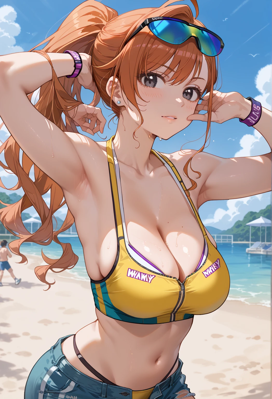 natsuhaarisugawa, 1girl, solo, orange hair, ponytail, ahoge, swept bangs, black eyes, large breasts, cleavage, bikini, sports bikini, yellow bikini, layered bikini, sports sunglasses, tinted eyewear, blue-tinted eyewear, eyewear on head, blue shorts, denim shorts, cutoffs, open fly, wristband