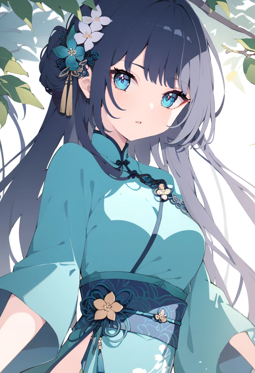 (4k, masterpiece, best quality), shuimobysim, a girl, dress conservatively, (tease: 1.3), (shy), (blush), awkward smile, solo, long blue hair, , standing, feet in water, barefoot, Chinese painting, lotus, hanfu, maxiskit,