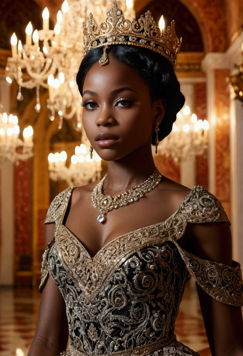 (add_detail:1) Crie um retrato realista de uma princesa de pele negra. (The photograph is from the waist up), highlighting its beauty and elegance. Ela tem cabelos negros e volumosos, adorned with sophisticated accessories. His eyes are expressive and bright, revealing his charismatic personality. Your skin is rich and radiant, com um tom profundo e resplandecente. Ela usa um vestido deslumbrante, with details that highlight their cultural heritage and celebrate their identity.
