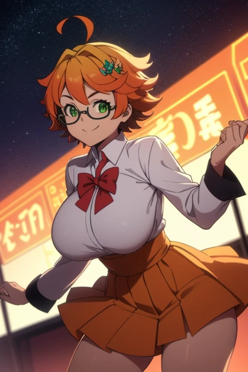 (1girl, solo), EmmaNeverland, huge breast, thick legs, long sleeve dress shirt, orange hair, (green eyes:1.2), short hair, ahoge, magical girl, skirt, smile, action pose, ornate clothes, dress train, magic hair ornament, cowboy shot, tiara, orange clothes, BREAK magic background, starry background,  (masterpiece:1.2, best quality), glasses, ((rim-less eyewear)), Kyoto school uniform, short hair, (((mature female))), tall, beautiful, sexy, medium breast, milf