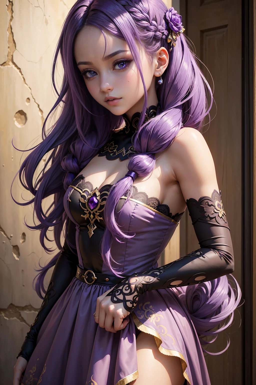 detailed background, masterpiece, best quality, 1 person , straight hair, long hair, purple eyes, star in eye , Strapless blouse, long corset skirt