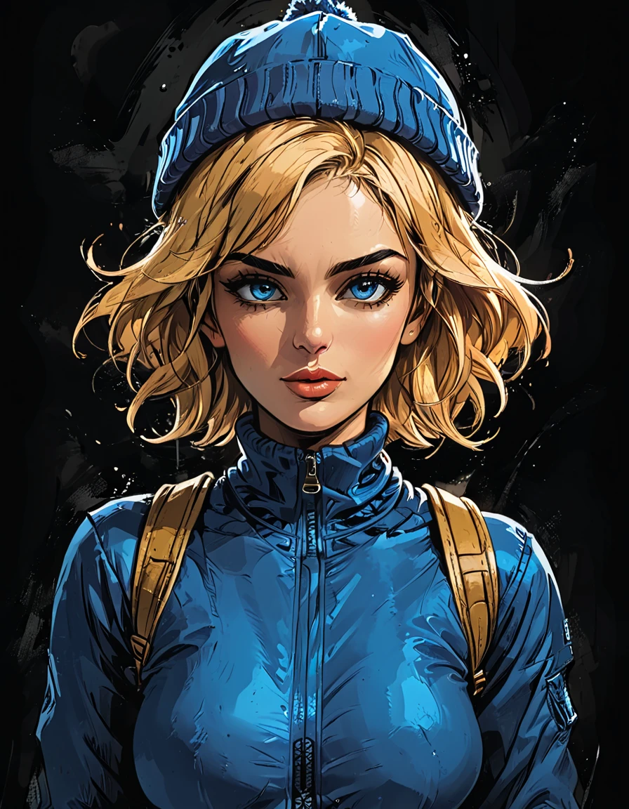 (open mouth), close up portrait girl in Blue zipped up down winter jacket and ((black turtleneck)) and (jeans)  and (((blue winter hat))))  at the dark black background,  adult, [Nordic], Hourglass elongated fitness body, perfect Olive skin, Oval Face, Long neck, Rounded shoulders, perfect hand,  Attached Pointed ears, round forehead, Short blonde Waves pixie hair, snub nose, Arched eyebrows, Monolid blue Eyes, High Round Narrow cheekbones, Dimpled Cheeks, Rounded Chin, Rounded Jawline, Fine Puppet Wrinkles, Full nude Lips, (blue eyes), Nude Makeup Look, long eyelashes,  long slim fitness legs, Round boobs, third breast size,  graphic style of novel comics, perfect hands, 2d, 8k, hyperrealism, masterpiece, high resolution, best quality, ultra-detailed, super realistic, Hyperrealistic art, high-quality, ultra high res, highest detailed, lot of details, Extremely high-resolution details, incredibly lifelike, colourful, soft cinematic light,