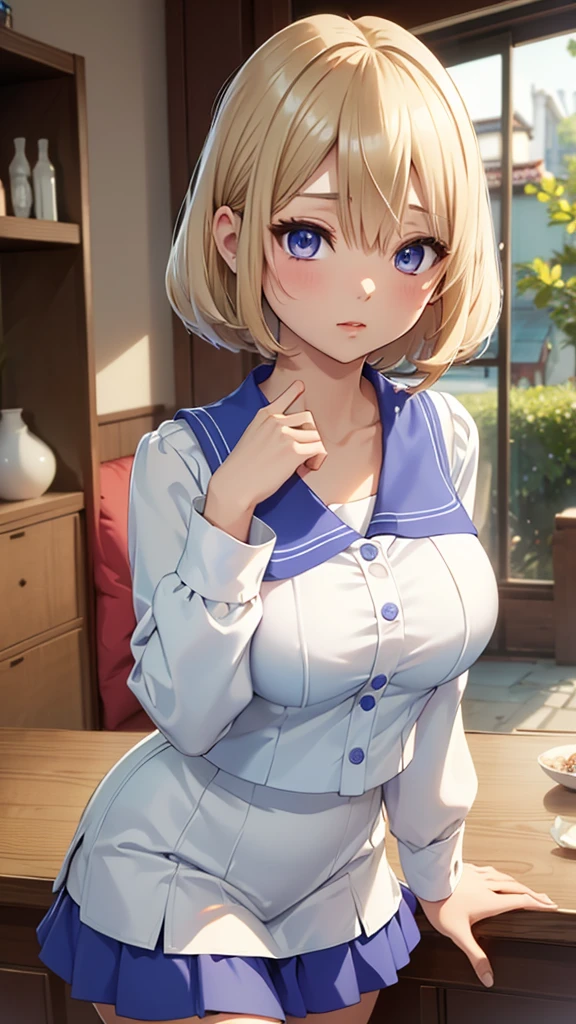 Umino Sachi 、  Masterpiece ,   best quality、  best quality,(8k resolution),Beauty、 （   Sexy Perfect Style  ）、(  Big Breasts )、 blonde bob cut、(White and blue sailor suit)、(  blue skirt)、(( Get closer to my chest ))、  purple eyes