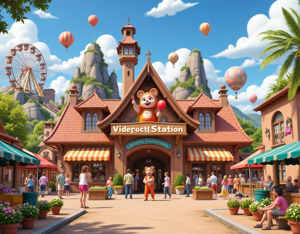 ((masterpiece:1.2, super detail, high quality, best quality,  highres icon, Best illustration)), Station with a cute design , Scenery in front of the station , You can see the entrance of the liquid , fun, fun雰囲気, Ferris Wheel,  balloon dancing BREAK cute bear costume,  face like Rilakkuma,  BREAK holding a red balloon BREAK a smiling  , Families, Lined with food stalls