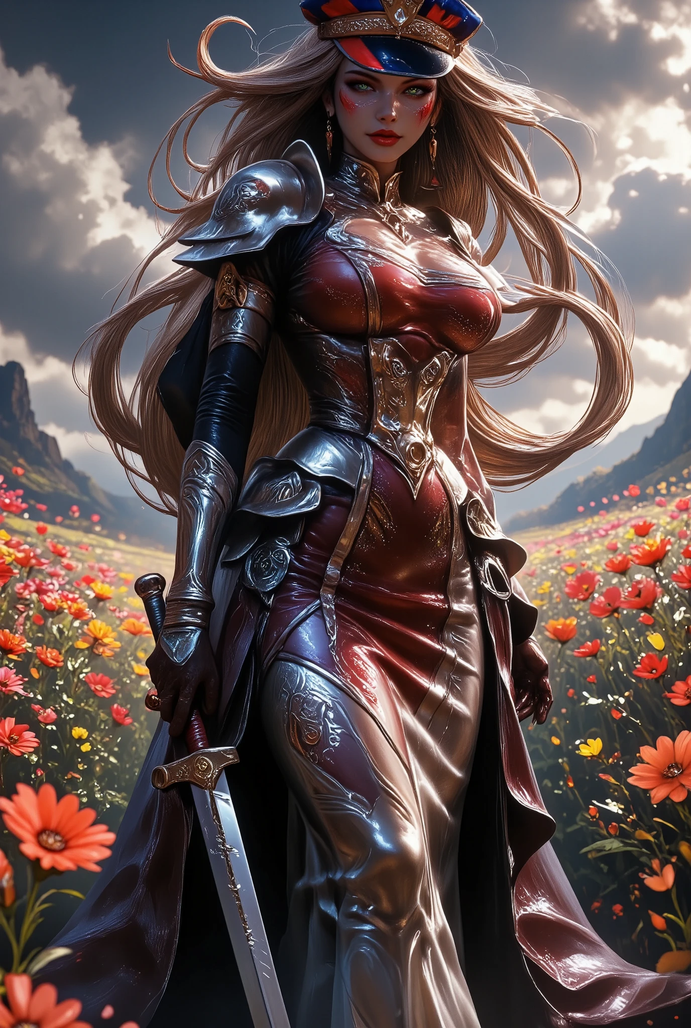  Beautiful sexy Curvy Girl in a Big Gorgeous Dress on one arm Small metal armor with patterns, decorations,  Mini red-blue hat with a black bow ,  Curvy Long Hair ,  Engraved sword in hand ,  ulybka, Flower Meadow Background ,  Hair The wind develops , masterpiece, 8 k,  intricate details , bright colors, Rich color rendering ,  best quality,  Lots of Details ,
