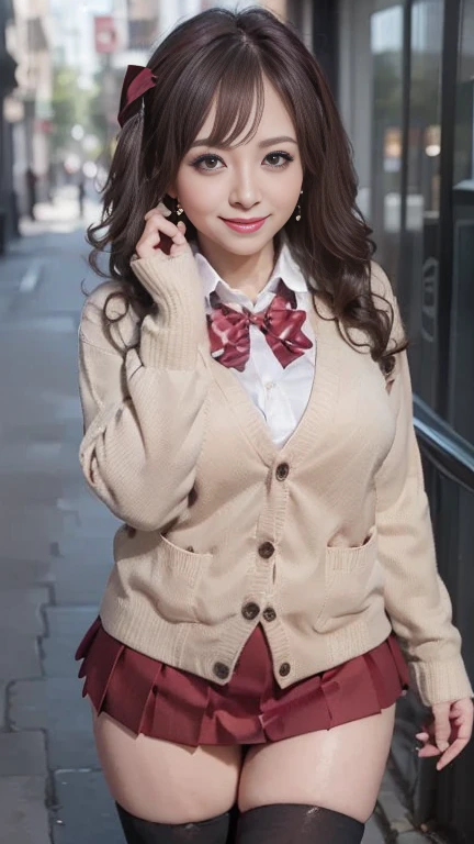 full body shot, from below,  japanese mature, 58 years old,  detailed face , Facial wrinkles, Wrinkles around the eyes, smile,  Detailed skin texture ,  white skin,  heavy makeup,  long hair, curvy body, (earrings,  Necklaces , red bowtie, brown cardigan, red skirt, pleated skirt, micro miniskirt, black thighhighs:1.2), ( beautiful girl with a devilish smirk smirk and holding :1.2), ( full body shot from toe to head wearing black high heels, Standing on the sidewalk:1.2), ( surrealism, best quality, ultra detailed, absolutely resolution, 8k, anatomically correct), depth of field, looking at viewer, tachi-e, (gal.safetensors), (And), full body,  detailed face 