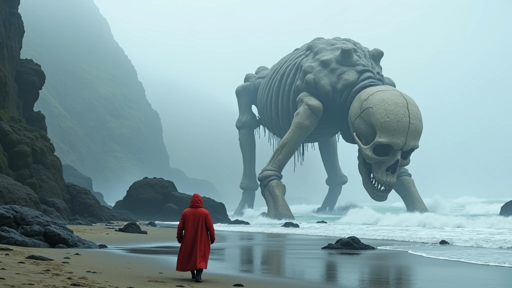 Create a surreal and atmospheric scene set on a desolate, foggy beach. The central focus should be a colossal, weathered skeleton of a giant humanoid lying partially submerged in the sand and surf. The bones should appear ancient, cracked, and eroded, emphasizing a sense of immense scale and mystery. 

In the foreground, depict a lone figure in a vivid red cloak walking towards the skeleton. The figure should be small in comparison, adding to the sense of scale and evoking an aura of intrigue and exploration. The cloak should stand out sharply against the muted, cool tones of the environment, which is dominated by shades of gray, blue, and white.

The beach is rugged, with scattered dark rocks and foamy waves gently lapping at the shore. The surrounding cliffs loom ominously in the background, partially obscured by thick fog, creating a sense of isolation and mystery. The atmosphere should be moody and ethereal, with diffused light filtering through the mist, enhancing the otherworldly feel.

Overall, the composition should evoke a blend of awe, wonder, and foreboding, with a subtle hint of fantasy or post-apocalyptic themes.