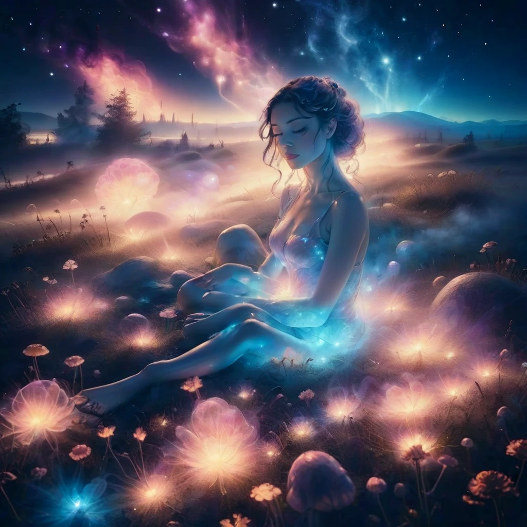 A beautiful design in vaporwave style, beautiful nude woman laying in a field of mushrooms with smoke trailing of into a surreal night sky, magical twinkling stars, glowing, simple background, full body, view from above, dynamic angle, dynamic lighting 
