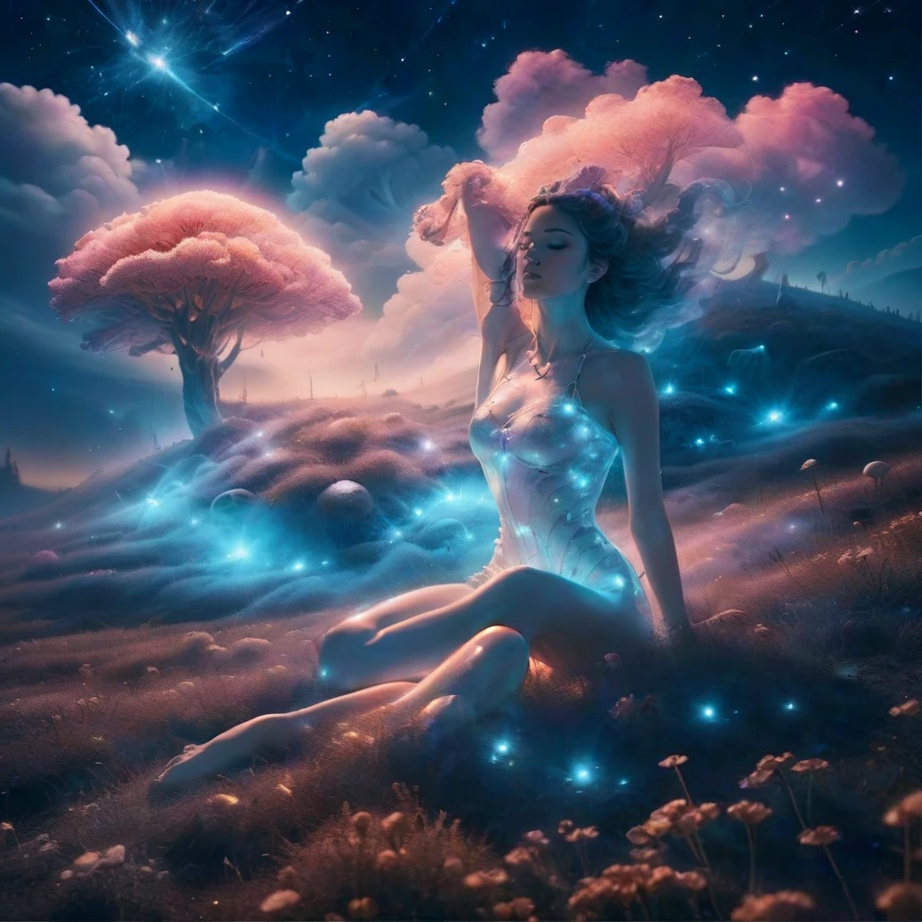 A beautiful design in vaporwave style, beautiful nude woman laying in a field of mushrooms with smoke trailing of into a surreal night sky, magical twinkling stars, glowing, simple background, full body, view from above, dynamic angle, dynamic lighting 
