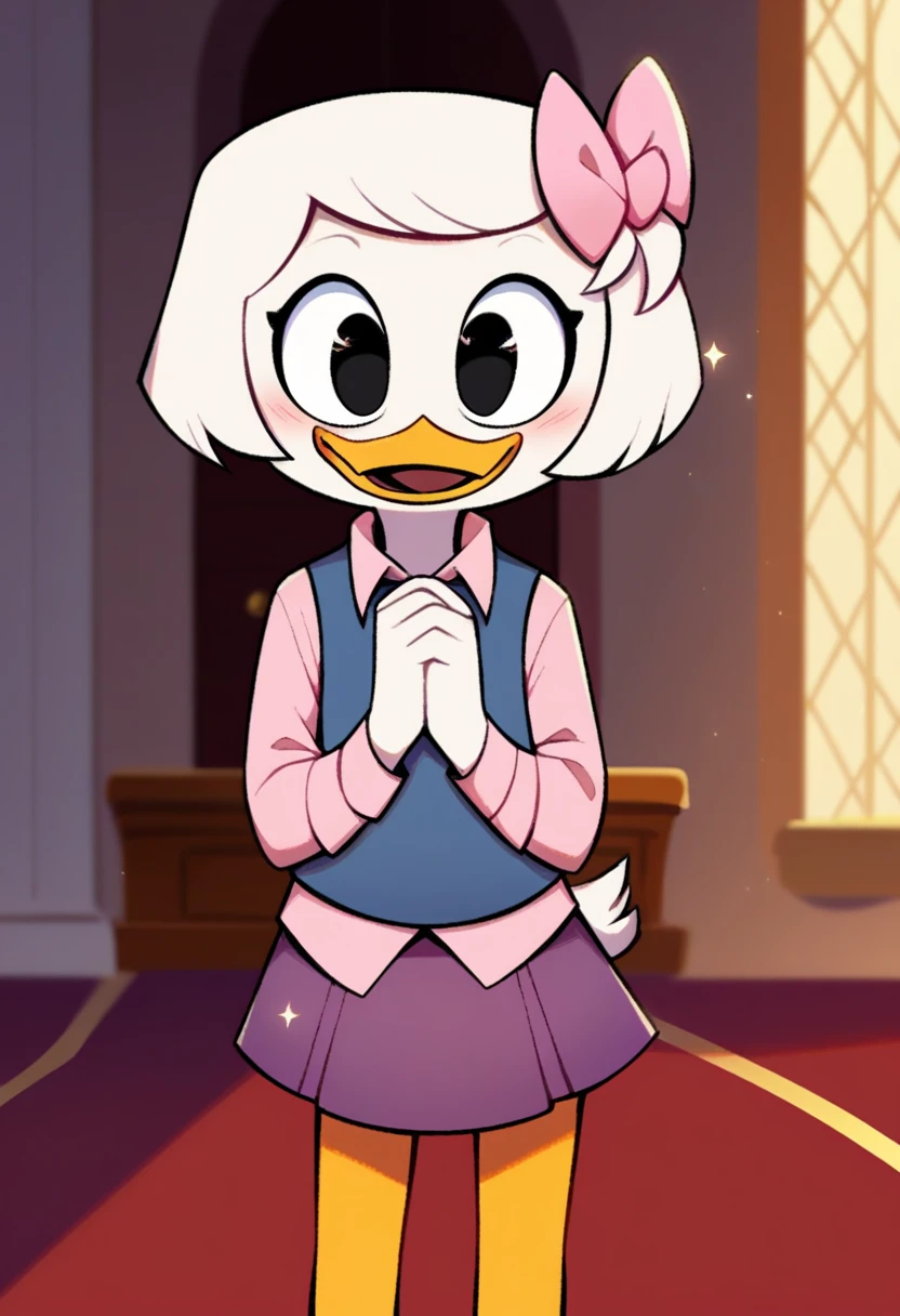 score_9, score_8_up, score_7_up, score_6_up, best quality, highres, source_furry
1girl, female, solo, inside, mansion, duck, beak, webby vanderquack, young, white skin, white hair, short hair, black eyes, black eyes, standing, hands together, orange legs, three-quarter portrait, blush, happy, sparkles, blue vest, pink dress shirt, purple skirt, pink hair bow 