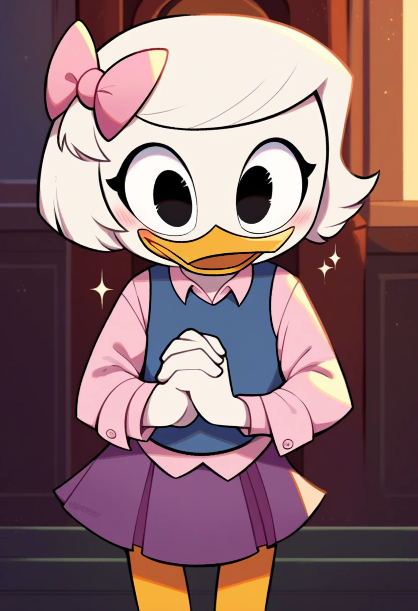 score_9, score_8_up, score_7_up, score_6_up, best quality, highres, source_furry
1girl, female, solo, inside, mansion, duck, beak, webby vanderquack, young, white skin, white hair, short hair, black eyes, black eyes, standing, hands together, orange legs, three-quarter portrait, blush, happy, sparkles, blue vest, pink dress shirt, purple skirt, pink hair bow 