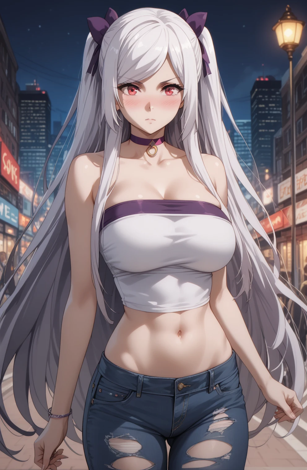 Source anime, Tall girl, Fit girl,score_9, score_8_up, score_7_up, score_6_up, uncensored, alexia midgar, long hair, very long hair, black hair ribbon, white hair, red eyes, sidelocks, ribbon, large breast, -ring choker, purple choker, aroused, blush, standing, tube top, bare shoulders, collarbone, denim, hot pants, denim hot pants, ripped denim,fishnet_pantyhose, short denim, city, night, outdoors