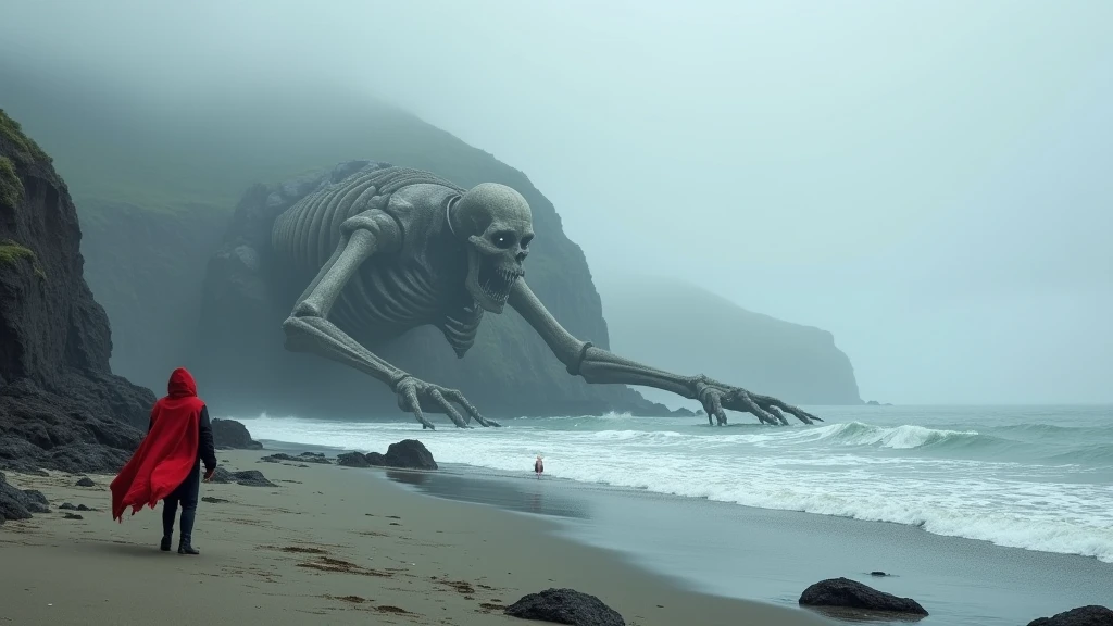 Create a surreal and atmospheric scene set on a desolate, foggy beach. The central focus should be a colossal, weathered skeleton of a giant humanoid lying partially submerged in the sand and surf. The bones should appear ancient, cracked, and eroded, emphasizing a sense of immense scale and mystery. 

In the foreground, depict a lone figure in a vivid red cloak walking towards the skeleton. The figure should be small in comparison, adding to the sense of scale and evoking an aura of intrigue and exploration. The cloak should stand out sharply against the muted, cool tones of the environment, which is dominated by shades of gray, blue, and white.

The beach is rugged, with scattered dark rocks and foamy waves gently lapping at the shore. The surrounding cliffs loom ominously in the background, partially obscured by thick fog, creating a sense of isolation and mystery. The atmosphere should be moody and ethereal, with diffused light filtering through the mist, enhancing the otherworldly feel.

Overall, the composition should evoke a blend of awe, wonder, and foreboding, with a subtle hint of fantasy or post-apocalyptic themes.