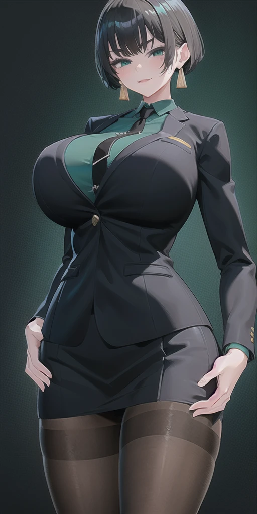 SFW, (Matte texture),　cowboy shot, 1 Secretary to support the viewer, ALLMIND, smug, naughty smile, (black hair), (short bob), earring, (green eyes), (tall and slim:1.3), (sensual body:1.25), (stocky build:1.3), (gigantic breasts), (business suit, black shirt, Fastened buttons, tight skirt, Pantyhose:1.2),  (cyberspace background), masterpiece, high quality, high detail