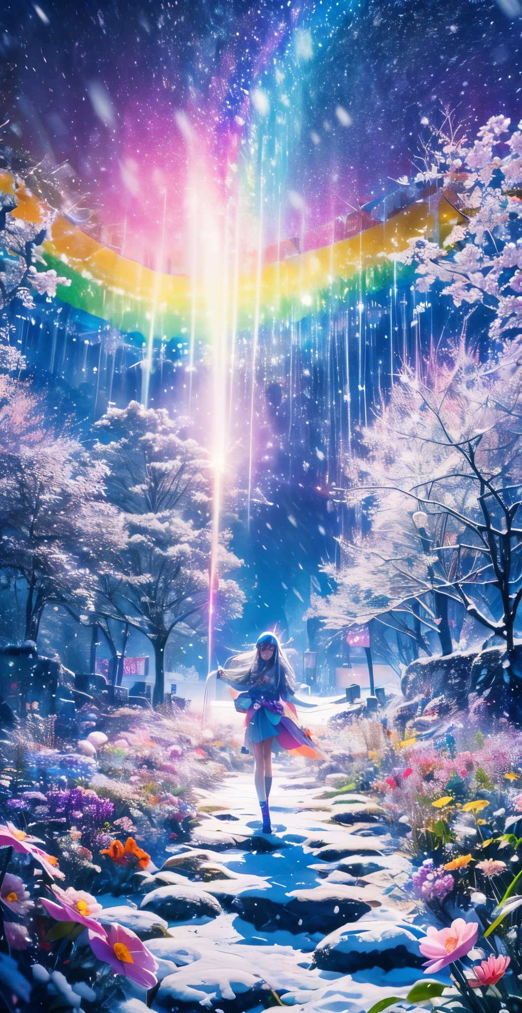 Anime girl walking in a snowy forest with a rainbow in the sky - SeaArt AI