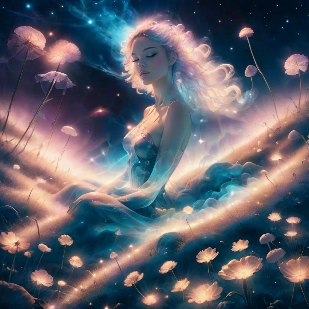 A beautiful design in vaporwave style, beautiful nude woman laying in a field of mushrooms with smoke trailing of into a surreal night sky, magical twinkling stars, glowing, simple background, full body, view from above, dynamic angle, dynamic lighting 
