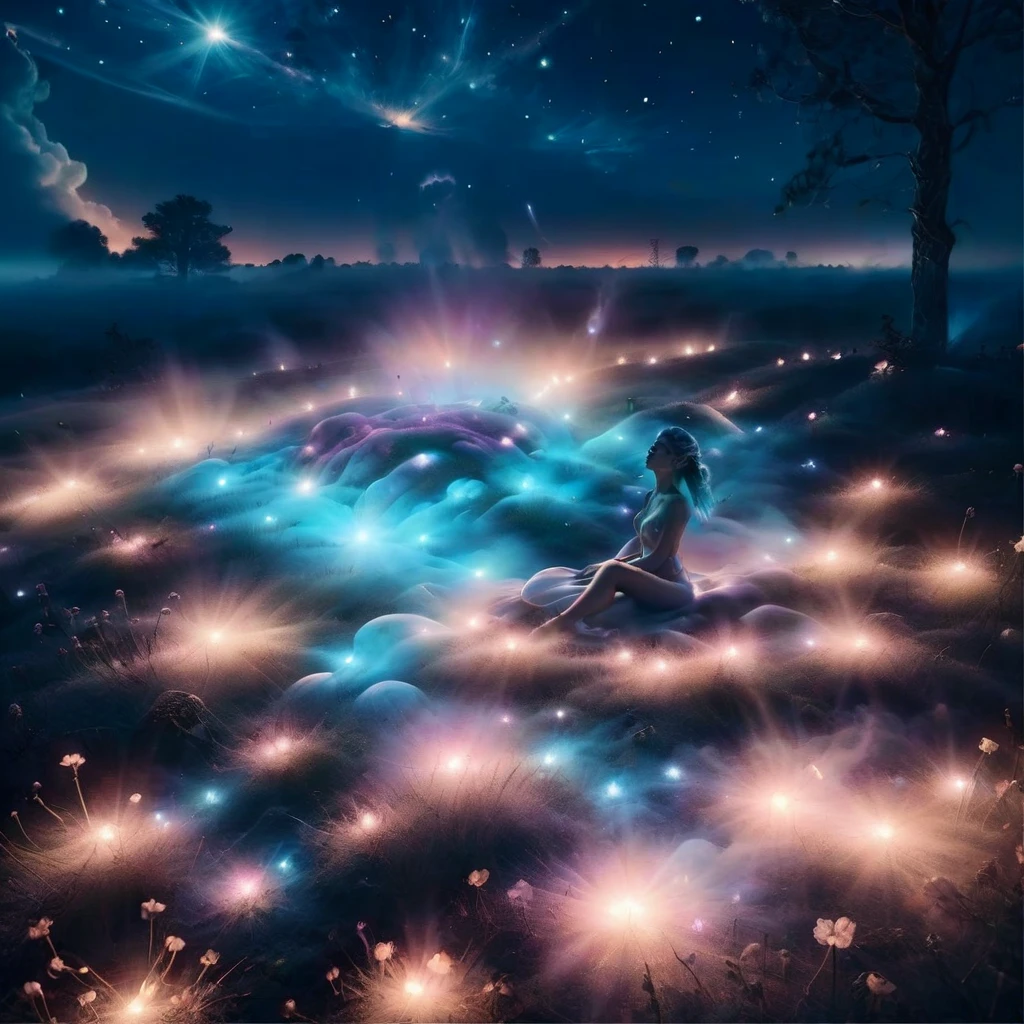 A beautiful design in vaporwave style, beautiful nude woman laying in a field of mushrooms with smoke trailing of into a surreal night sky, magical twinkling stars, glowing, simple background, full body, view from above, dynamic angle, dynamic lighting 
