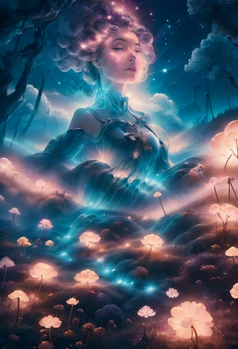 A beautiful design in vaporwave style, beautiful nude woman laying in a field of mushrooms with smoke trailing of into a surreal night sky, magical twinkling stars, glowing, simple background, full body, view from above, dynamic angle, dynamic lighting 
