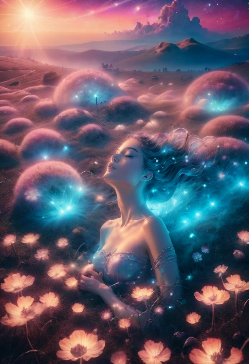 A beautiful design in vaporwave style, beautiful nude woman laying in a field of mushrooms with smoke trailing of into a surreal night sky, magical twinkling stars, glowing, simple background, full body, view from above, dynamic angle, dynamic lighting 
