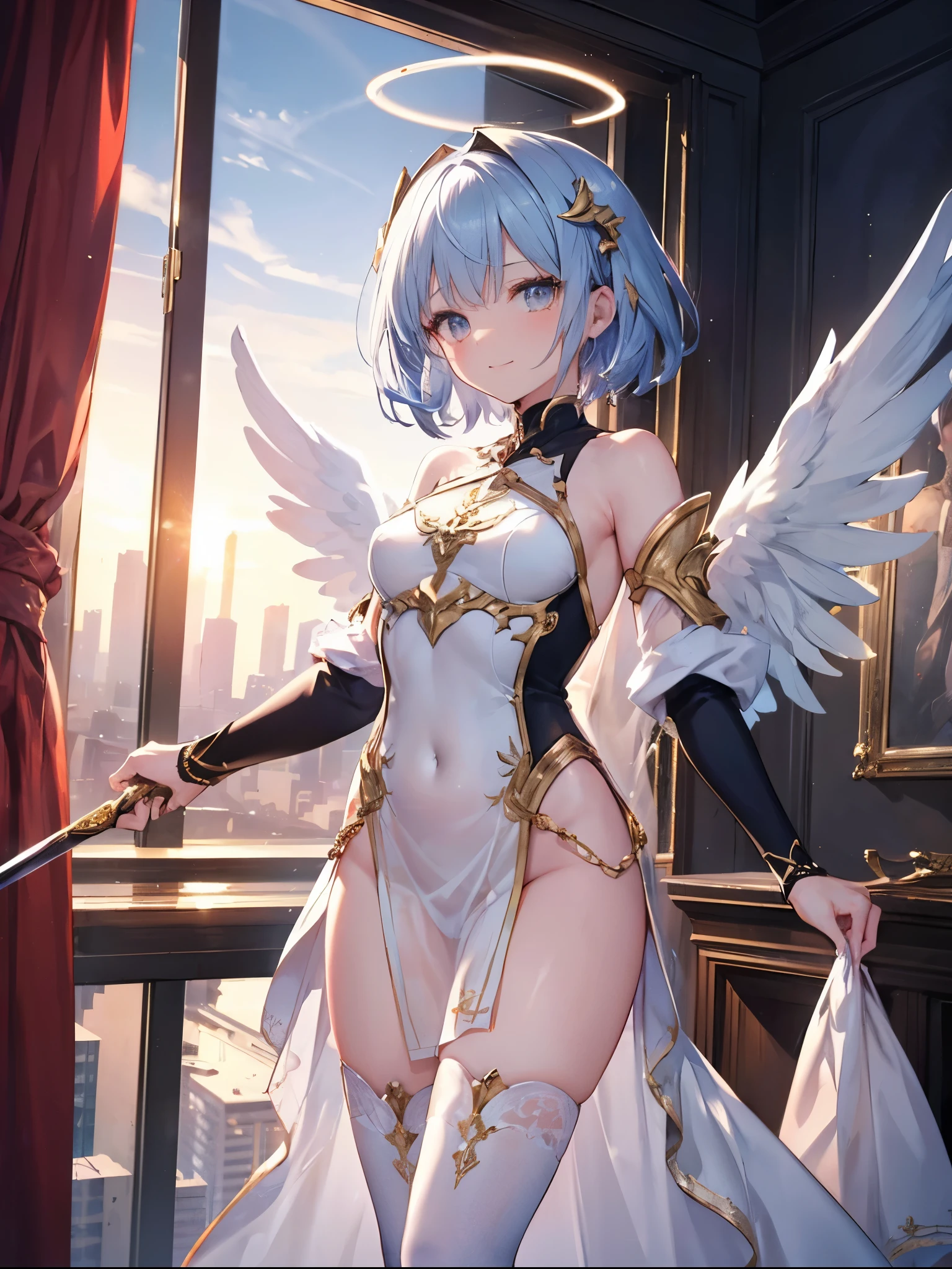 extra detailed face, Perfect Lighting, extremely details CG, 4K、8K、be shy、mournful smile、(Perfect hands, Perfect Anatomy)、Ultra-realistic photo of a girl in a majestic white and golden ball gown dress, Big beautiful dress, Complex puffy ball gown with lots of frills and rhinestones (Best Quality, masutepiece, ((Angel wings:1.2))。 art stations, Fantasy Art:1.2), Palace rooms, Beautiful cute girl, Rem of Rezero、(Blue shorthair:1.3), Bangs hide one eye、(Complex short gold skirt, Bare legs:1.2, Full body shot)、very Bigger breasts、cleavage of the breast、Nipples show through、White panties、(Clearly visible detailed female pubic shape: 1.4)、skirt rift、Thin leg、Skinny Legs、White pantyhose