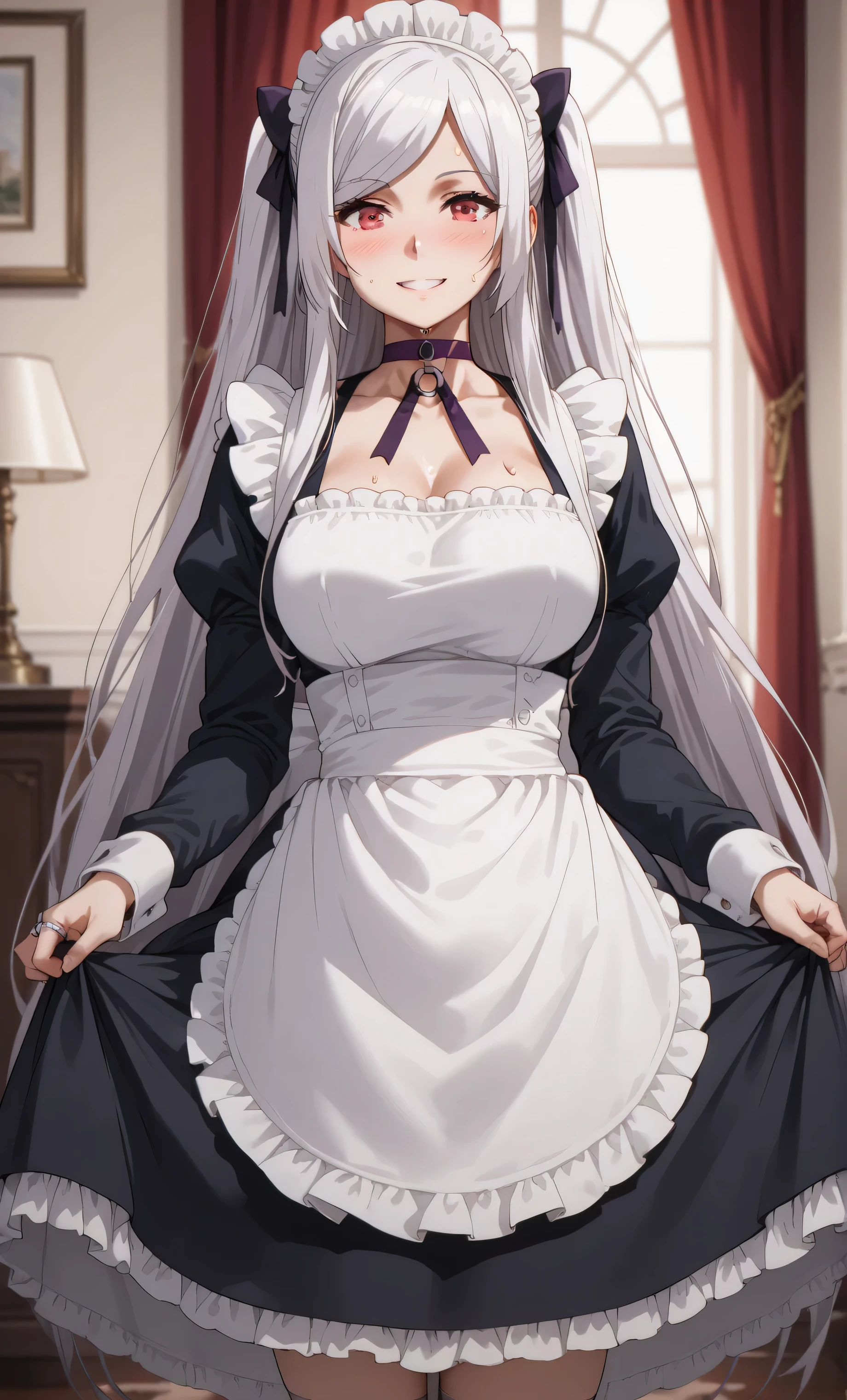 Source anime, Tall girl, Fit girl,score_9, score_8_up, score_7_up, score_6_up, uncensored, alexia midgar, long hair, very long hair, black hair ribbon, white hair, red eyes, sidelocks, ribbon, large breast, -ring choker, purple choker, maid, maid_headdress, apron, long_sleeves, dress, maid_apron, standing, looking_at_viewer, black_dress, black_footwear, frills, smile, blush, heavy, sweaty, 1girl, Lifting up a low skirt, 