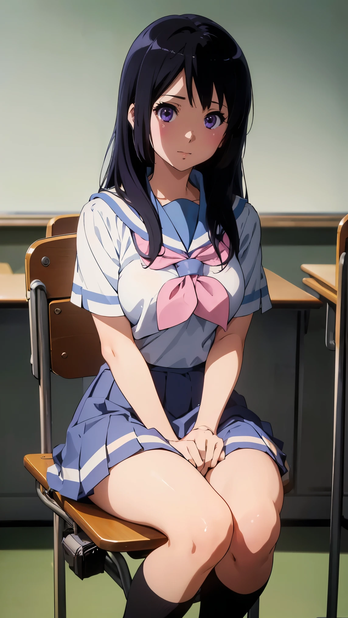 (最High image quality, 8k, High image quality, high detail,masterpiece:1.2)、(((big tits))), (Reina Kousaka,summer uniform),Eye light、(Perfect hands, Perfect Anatomy)、Shining Eyes、Alone、1 girl、(Looking at the viewer),sketch、Flat Color、anime、animeカラーリング、(In the classroom of the school:1.3),Kitauji High School uniform、Reina Kosaka、Kitauji High School uniform、 (Long Hair, White sailor suit, Short sleeve, Pink neckerchief, (Blue Skirt, Black socks, (Black knee-high socks),smile))、(Blur the background:1.3)、Subject in front、Detailed Shadows、((Centered Image:1.5)),(Big Breasts、Classroom、Sitting、machine、chair、Studying、Feet close-up、Fill the screen with your subject、whole body、Thighs),((足を組んでchairにSitting)),(from below:1.1),Striped panties