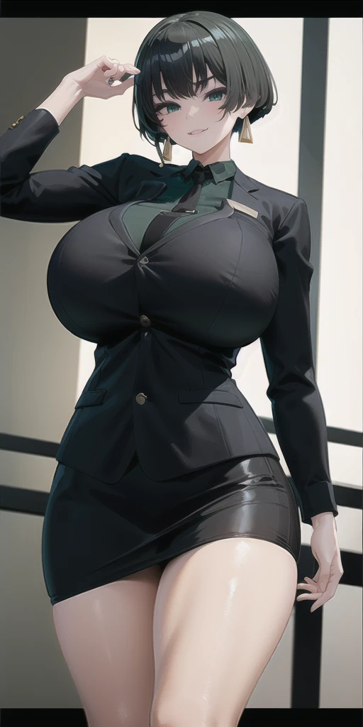 SFW, (Matte texture),　cowboy shot, 1 Secretary to support the viewer, ALLMIND, smug, naughty smile, (black hair), (short bob), earring, (green eyes), (tall and slim:1.3), (sensual body:1.25), (stocky build:1.3), (gigantic huge breasts), (business suit, black shirt, Fastened buttons, tight skirt, Pantyhose:1.2),  (cyberspace background), masterpiece, high quality, high detail