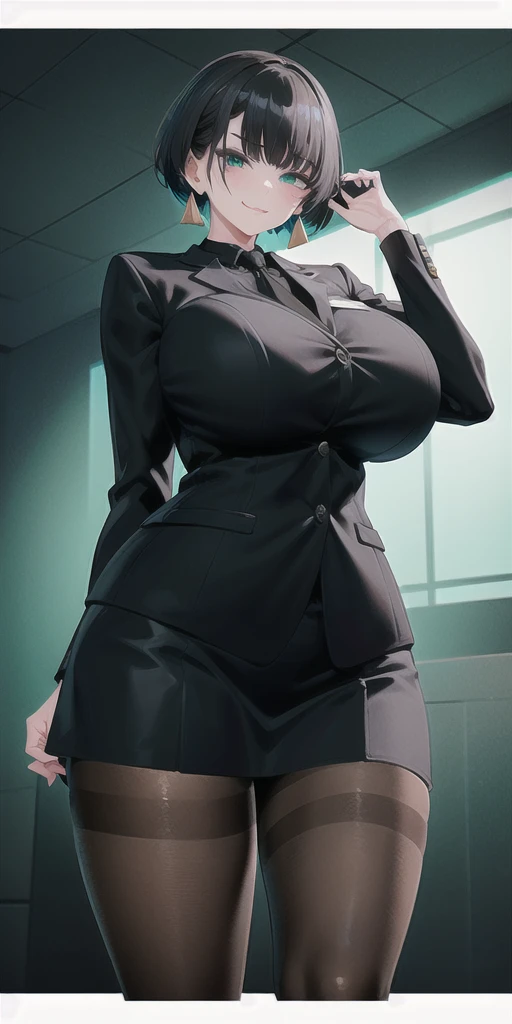 SFW, (Matte texture),　cowboy shot, 1 Secretary to support the viewer, ALLMIND, smug, naughty smile, (black hair), (short bob), earring, (green eyes), (tall and slim:1.3), (sensual body:1.25), (stocky build:1.3), (gigantic huge breasts), (business suit, black shirt, Fastened buttons, tight skirt, Pantyhose:1.2),  (cyberspace background), masterpiece, high quality, high detail