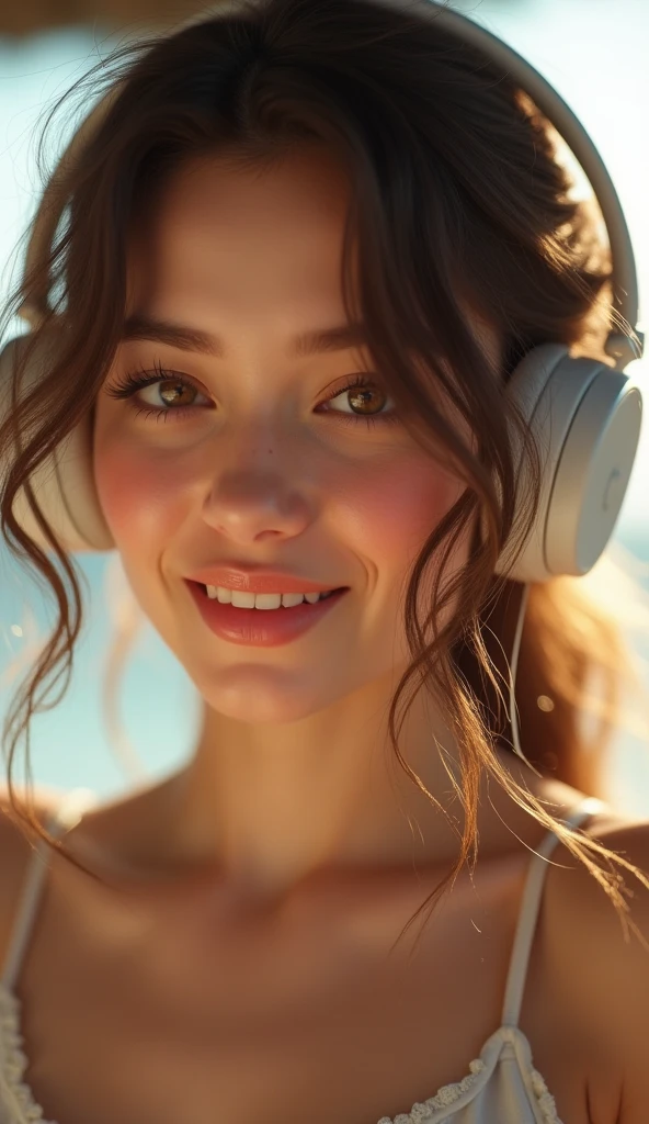 raw, photography, (masterpiece) Full body portrait of beautiful 25 year old European woman with headphones on her head, ((In the bottom view, click)), Dynamic Extra Long Curly Brown Hair, Curly, shiny, Flowing hair, red pouty lips, smiling, large cilia, happily face, detailed facial features, Vibrate with music, Beautuful Women, Deep Neckline Dress, (Small and provocative white lace panties) , Body Up, perfect medium breasts, Small panties, nice abs, nice legs, skin tanned, (Detailed pores) Sunny little town, Warm colors, modeling photos, ((surrealistic)), (Skin pores), (Realistic freckles) ighly detailed, Focus Sharpening, 8K, ultra-quality, nffsw, crystalline, ((unbelievably beautiful)), ighly detailed, highlydetailed skin, Cinematic lighting, wide angles, Photorealista, Kodak, Canon 5D