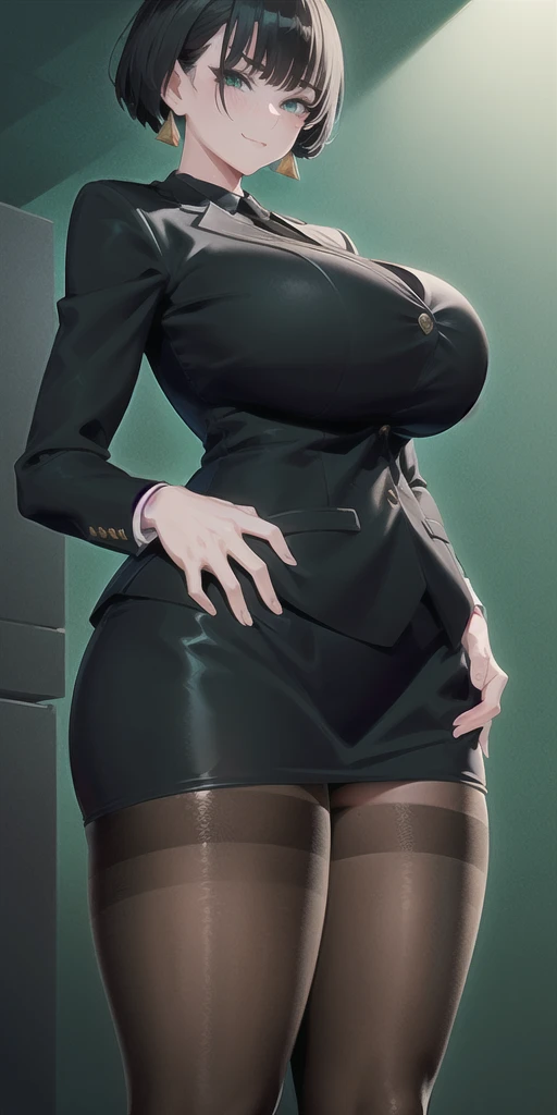 SFW, (Matte texture),　cowboy shot, 1 Secretary to support the viewer, ALLMIND, smug, naughty smile, (black hair), (short bob), earring, (green eyes), (tall and slim:1.3), (sensual body:1.25), (stocky build:1.3), (gigantic huge breasts), (business suit, black shirt, Fastened buttons, tight skirt, Pantyhose:1.2),  (cyberspace background), masterpiece, high quality, high detail