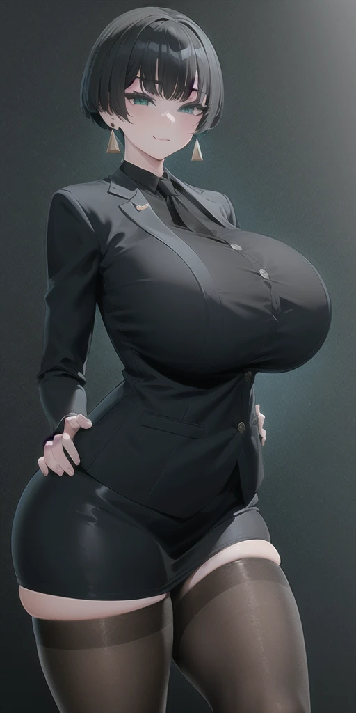 SFW, (Matte texture),　cowboy shot, 1 Secretary to support the viewer, ALLMIND, smug, naughty smile, (black hair), (short bob), earring, (green eyes), (tall and slim:1.3), (sensual body:1.25), (stocky build:1.3), (gigantic huge breasts), (business suit, black shirt, Fastened buttons, tight skirt, Pantyhose:1.2),  (cyberspace background), masterpiece, high quality, high detail