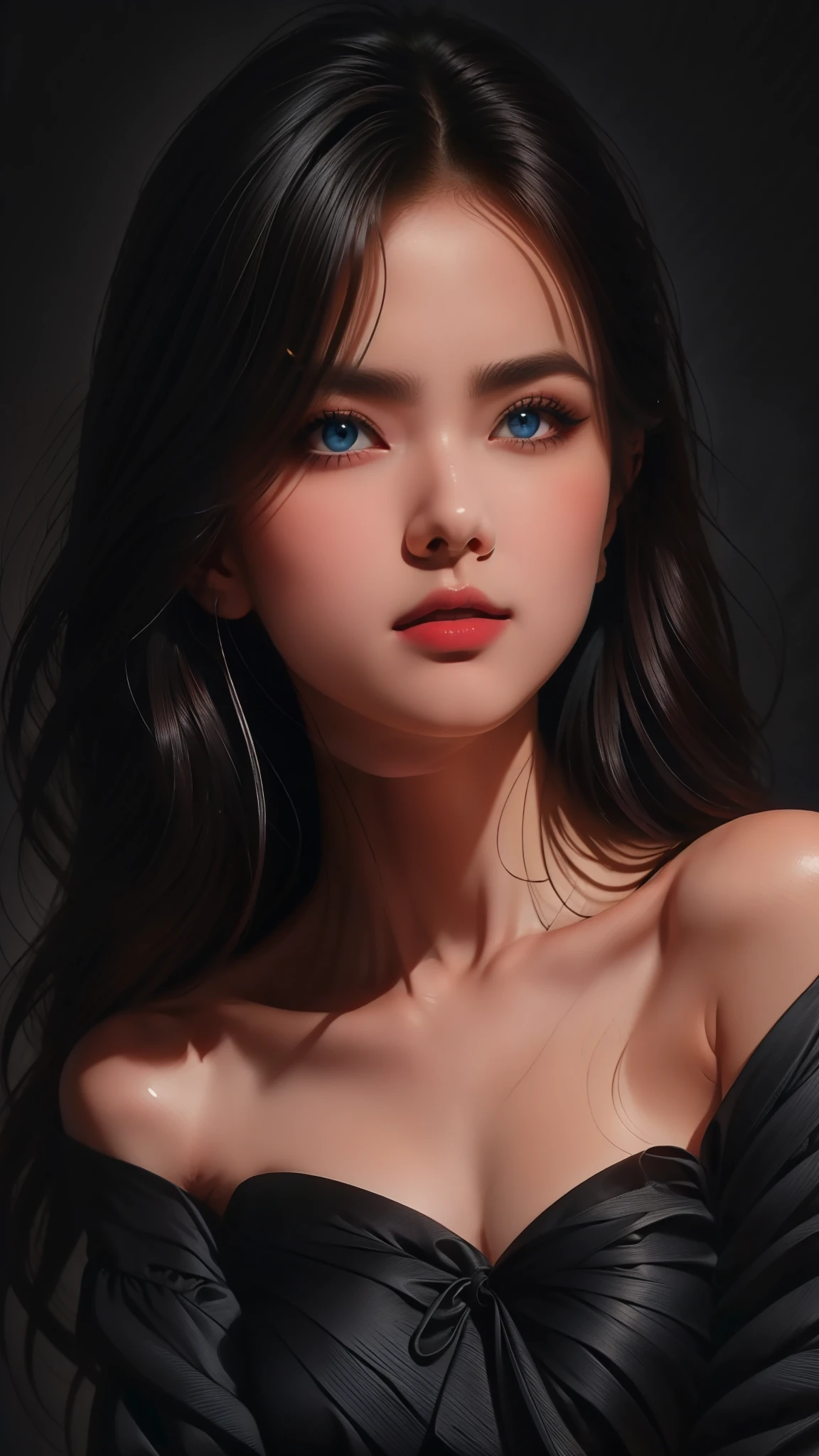 (Girl in a semi-transparent off-the-shoulder black dress)、、(フォトRealistic:1.4)、(ハイパーRealistic:1.4)、(Realistic:1.3)、(Smooth lighting:1.05)、(Improved Cinematic Lighting Quality:0.9)、.32K、1girl、20yo girl、Realistic lighting、Backlight、Face light、light、(Brightening Light:1.2)、(Improve image quality:1.4)、(Highest quality realistic skin texture:1.4)、Detailed drawn eyes、Detailed painted face、(Big Blue Eyes)、Close-up of face、A shirt that shows a large cleavage、(Enhances the body line:1.1)、(Beautiful textured skin:1.1)