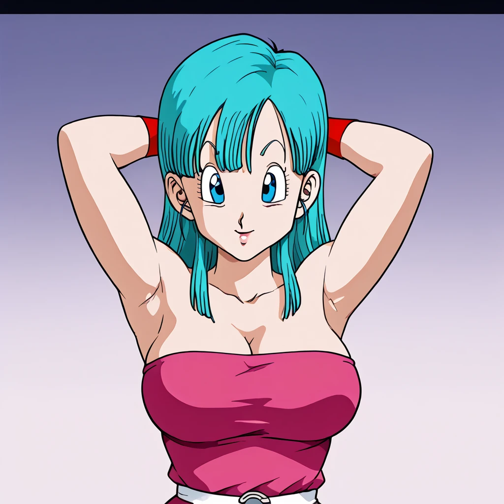 ultra detailed, masterpiece, best quality, solo, soft smile, light smile, Bulla, Dragon Ball,
long hair, aqua hairbangs, collarbonebridal gauntlets, eyelashes, hoop earrings, eyebrows,miniskirt,hairband, red hairband, earrings, blue eyes,elbow gloves, red gloves, fingerless gloves, crop top, red topwear, midriff, yellow belt, skirt, red skirt, big breast, big ass,confused face expresion, sin imperfecciones, dibujo perfecto, masive breast,red clothes,