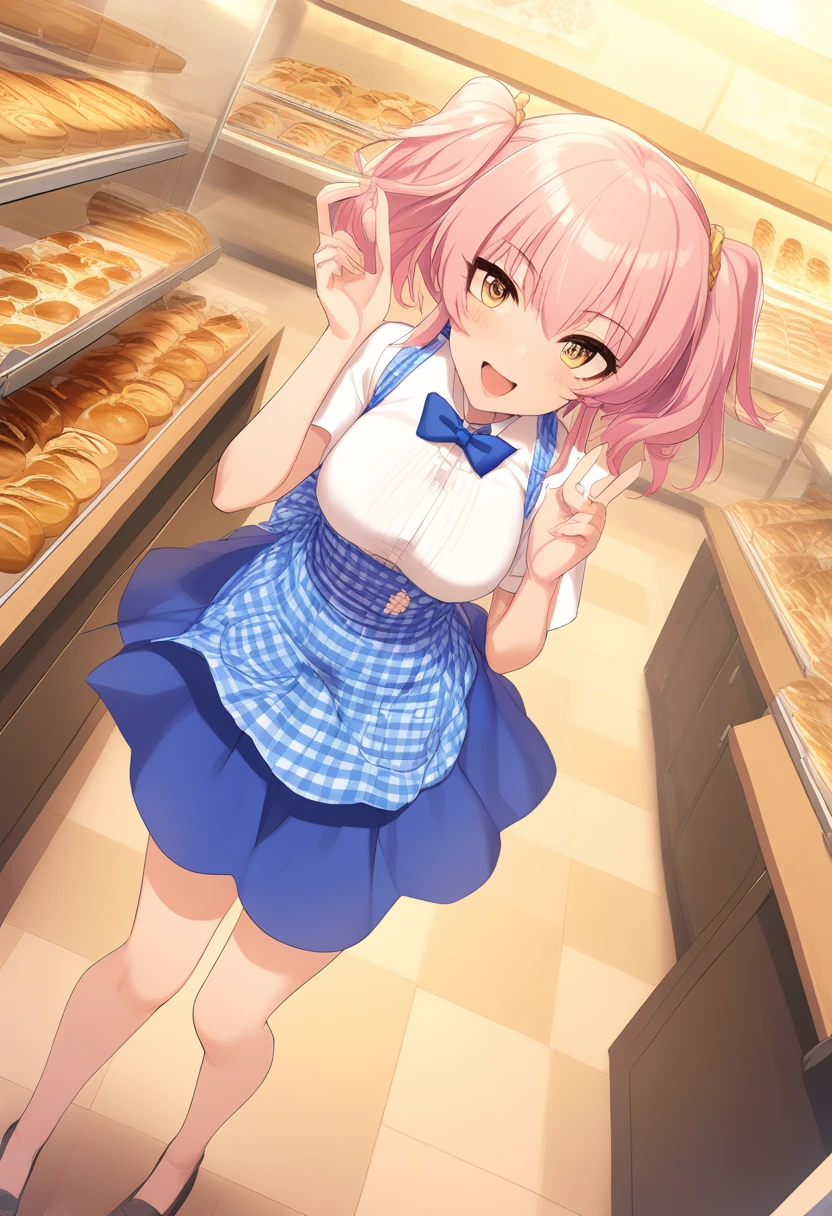  1 girl,  medium chest ,
Kobeya uniform, blue skirt, Blue Necklace, gingham apron, Bakery,
 Dutch Angle,  wide shot,  , fingersmile,   open her mouth ,
 best quality,medium quality,, Mika Jougasaki,  1 girl, Pink Hair, Alone,  yellow eyes