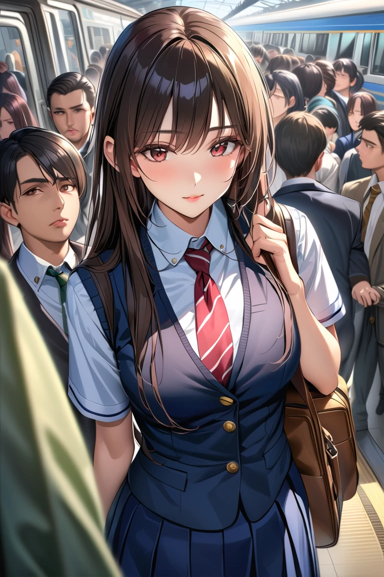 1Man girl、top-quality、超A high resolution、Colossal tits、breastsout、Wavy blonde hair、Picture-perfect face、、Beautiful expression、beauitful face、beautidful eyes、High School Uniforms、Schoolgirl Uniform、a miniskirt、White T-Pack、beauty legs、Subway train interior background、In a crowded train、(Lots of men on the train、Male molesters、Molestation on the train)、(((( Man standing behind schoolgirl、A man lifts a skirt from behind a schoolgirl、A man grabs a schoolgirl's ass from behind、A man grabs a schoolgirl's chest from behind、Touching the chest))))、((During insertion SEX)) 、Ejaculation on the body、Massive ejaculation)、fear expression、blushed face、