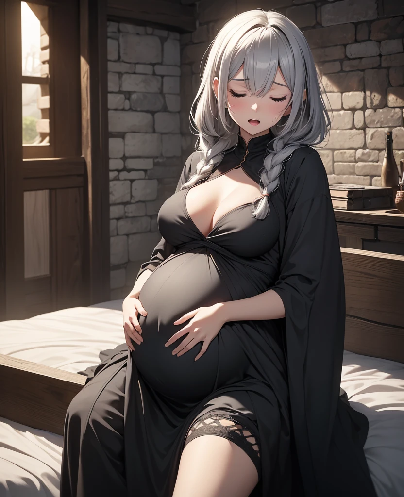 HD, 1 young girl, perfect anatomy, long gray hair braid, tall and slim, medieval fantasy, small breasts, medieval dress, pregnant, big pregnant belly, 9 months pregnant belly, lay on a bed, in a medieval hospital, contractions, painful expression, winced in pain, open mouth, heavy breathing, smooth belly pregnant, birth pain, Closed Eyes, spreading legs, a baby is out from the channel