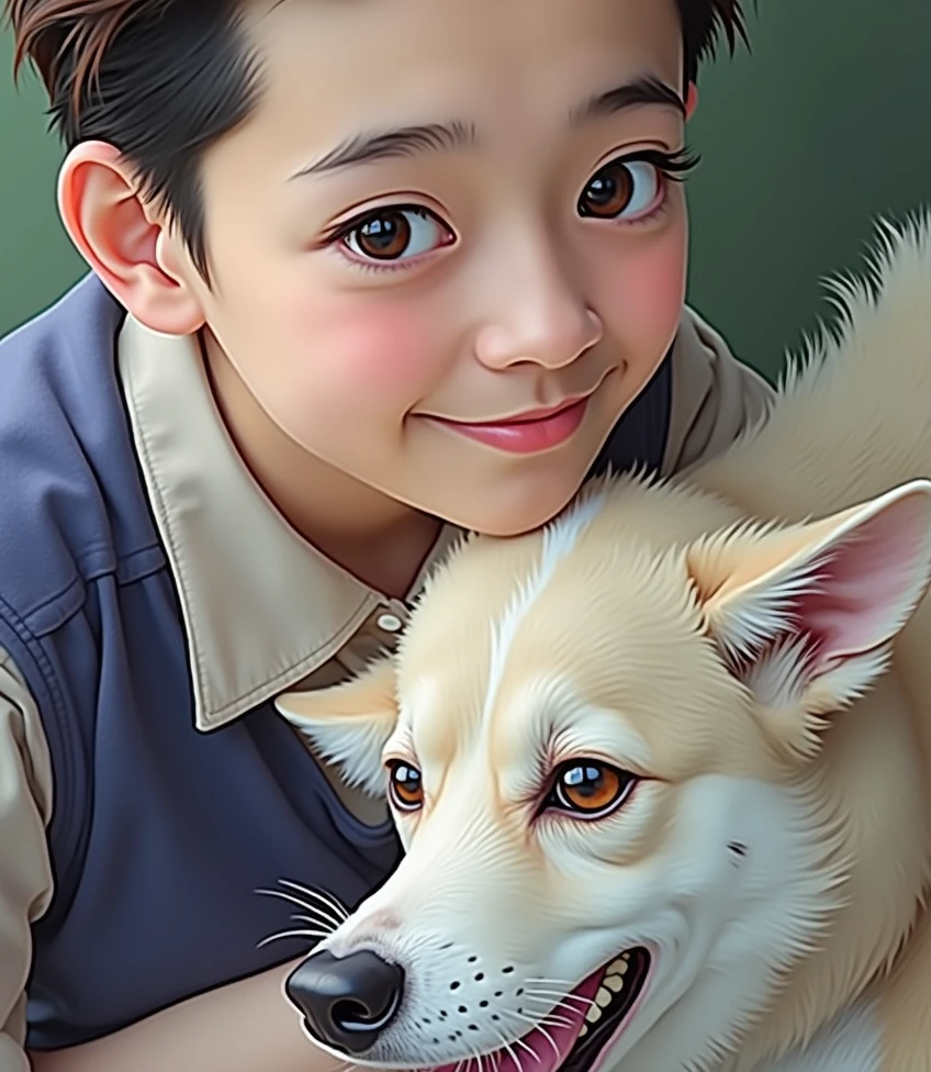 HAPPY, CUTE CHILD WITH HIS DOG ON AN ADVENTURE., short hair, brown hair, glint, Surrealism, Minimalism, Pixar, UHD, 1080P, HD, 8k, textured skin, high details --auto --s2
