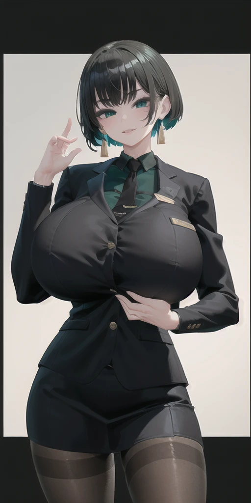 SFW, (Matte texture),　cowboy shot, 1 Secretary to support the viewer, ALLMIND, smug, naughty smile, (black hair), (short bob), earring, (green eyes), (tall and slim:1.3), (sensual body:1.25), (stocky build:1.3), (gigantic huge breasts), (business suit, black shirt, Fastened buttons, tight skirt, Pantyhose:1.2),  (cyberspace background), masterpiece, high quality, high detail