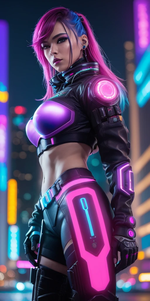 1girl, 3d,cyberpunk , blue eyes, posing model, hands up white background, breasts, chromatic aberration, (tattoo on the body), (llittle lighting), (darkness), soft moonlight, pink and green bright backhighlights on the sides, cleavage, depth of field, large breasts, lips, looking at viewer, makeup, photo (medium), photorealistic, solo, cyberpunk, neon, cyberpunk costume, wide smile, teeth, open mouth, tight clothing, full body, city background, (darkness)
