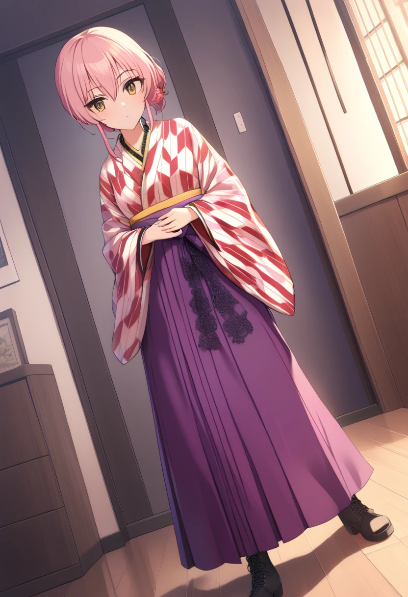  1 girl,  medium chest ,

 Dutch Angle,  wide shot, , Japanese clothing ,  Long Skirt , kimono ,  Yagasuri  , cross-laced footwear ,  knee high boots  ,, 
 best quality,medium quality,, Mika Jougasaki,  1 girl, Pink Hair, Alone,  yellow eyes