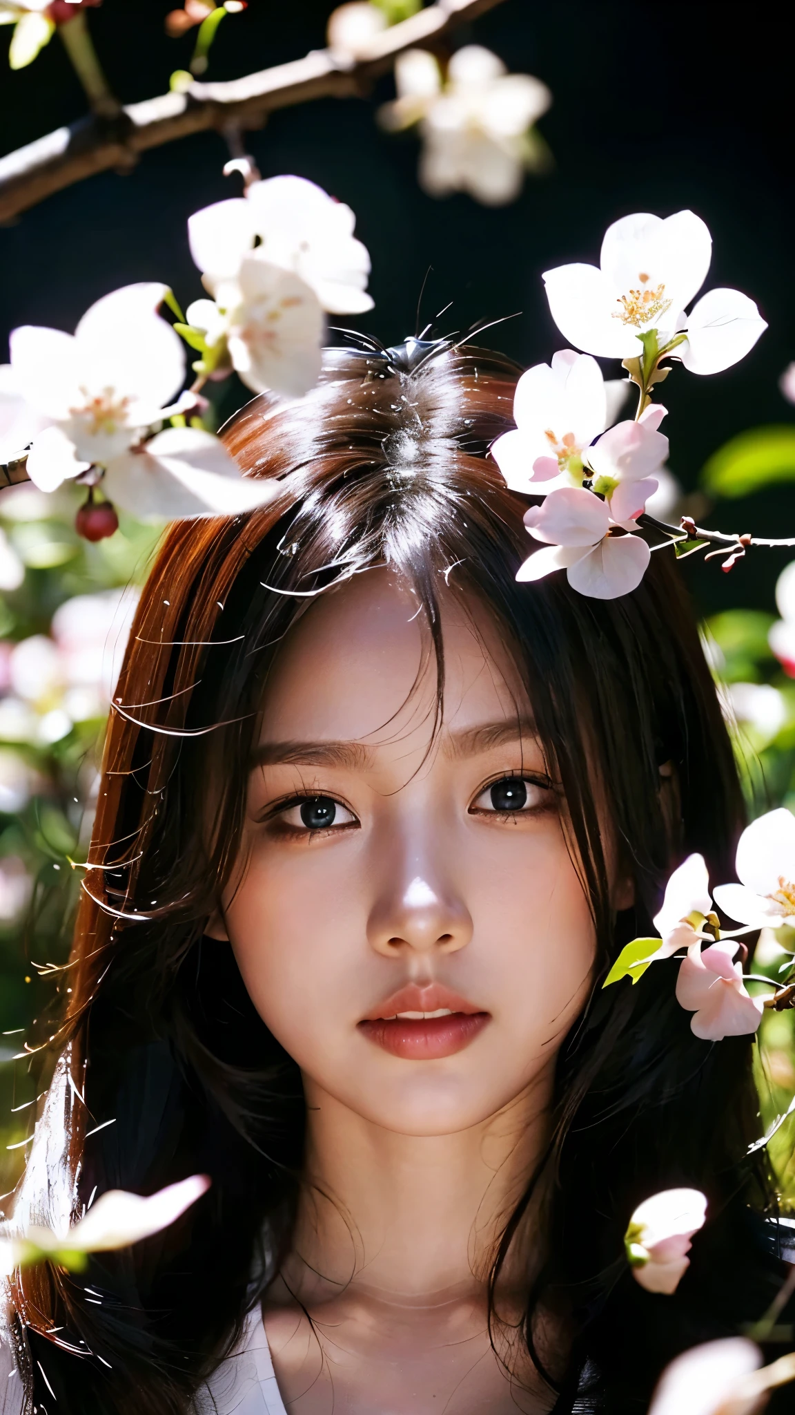 ( logo , masterpiece, 8k, Tabletop, RAW photos,  huge ,  Top Quality, realistic and High quality 디테일 CG integrated 8k wallpaper, High quality, High quality 디테일, particle effect , Dynamic Effects ,  border depth , Movie lighting, Lens Flare,  ray tracing ,  with pale golden eyes )), (( 1 Beautiful Woman ,  silvery long hair ,  beautiful face, Real face,  beautiful, clear eyes,  beautiful skin )), ((night, , Blue full moon , night sky, cherry blossoms, cherry blossomss,  Falling Petals , Flying petals)),  beautiful eyes