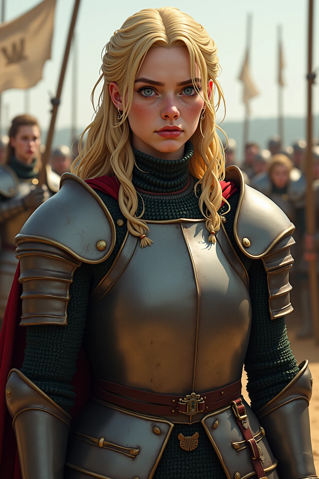 (movie still:1.25), face, 1girl, (medieval era:1.25), princess warrior, metal armor, at battlefield, angry expression, soft colors, bokeh, masterpiece, high quality, (high detailed skin:1.1)
<lora:anya_taylor_joy_lora_v01:1> anya96, blonde hair