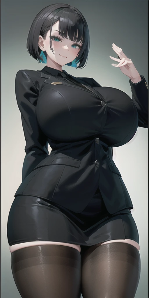 SFW, (Matte texture),　cowboy shot, 1 Secretary to support the viewer, ALLMIND, smug, naughty smile, (black hair), (short bob), earring, (green eyes), (tall and slim:1.3), (sensual body:1.25), (stocky build:1.3), (gigantic huge breasts), (business suit, black shirt, Fastened buttons, tight skirt, Pantyhose:1.2),  (cyberspace background), masterpiece, high quality, high detail