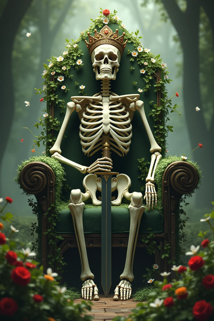 (best quality, 8k, highres, masterpiece:1.2), ultra-detailed, (realistic, photo-realistic:1.37), A decrepit skeleton sitting on a dilapidated throne in a ruined throne room,a crown with remnants of gold on its skull, a broken iron sword embedded in the ground,intricate bone details,decayed fabrics draped over the skeleton,crumbling walls, overgrown moss and vines, scattered debris, dramatic lighting casting shadows, eerie atmosphere, high contrast, dramatic HDR, ultra-fine painting, sharp focus, physically-based rendering, (concept art style)