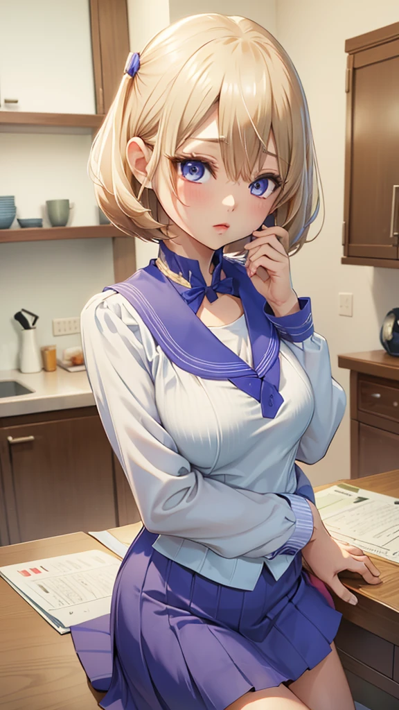 Umino Sachi 、  Masterpiece ,  best quality、  best quality,(8k resolution),Beauty、( looks like an adult), （  Sexy Perfect Style  ）、( Big Breasts )、 blonde bob cut、(White and blue sailor suit)、(  blue skirt)、(( Get closer to my chest ))、  purple eyes