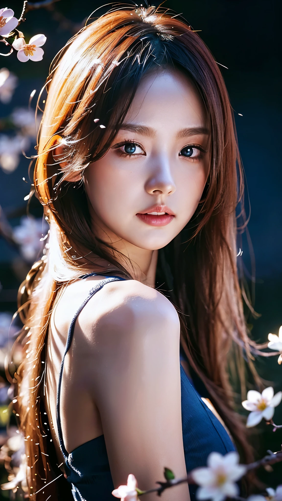 ( logo , masterpiece, 8k, Tabletop, RAW photos, huge , Top Quality, realistic and High quality 디테일 CG integrated 8k wallpaper, High quality, High quality 디테일, particle effect , Dynamic Effects , border depth , Movie lighting, Lens Flare, ray tracing , with pale golden eyes )), (( 1 Beautiful Woman , silvery long hair , beautiful face, Real face, beautiful, clear eyes, beautiful skin )), ((night, , Blue full moon , night sky, cherry blossoms, cherry blossomss, Falling Petals , Flying petals)), beautiful eyes