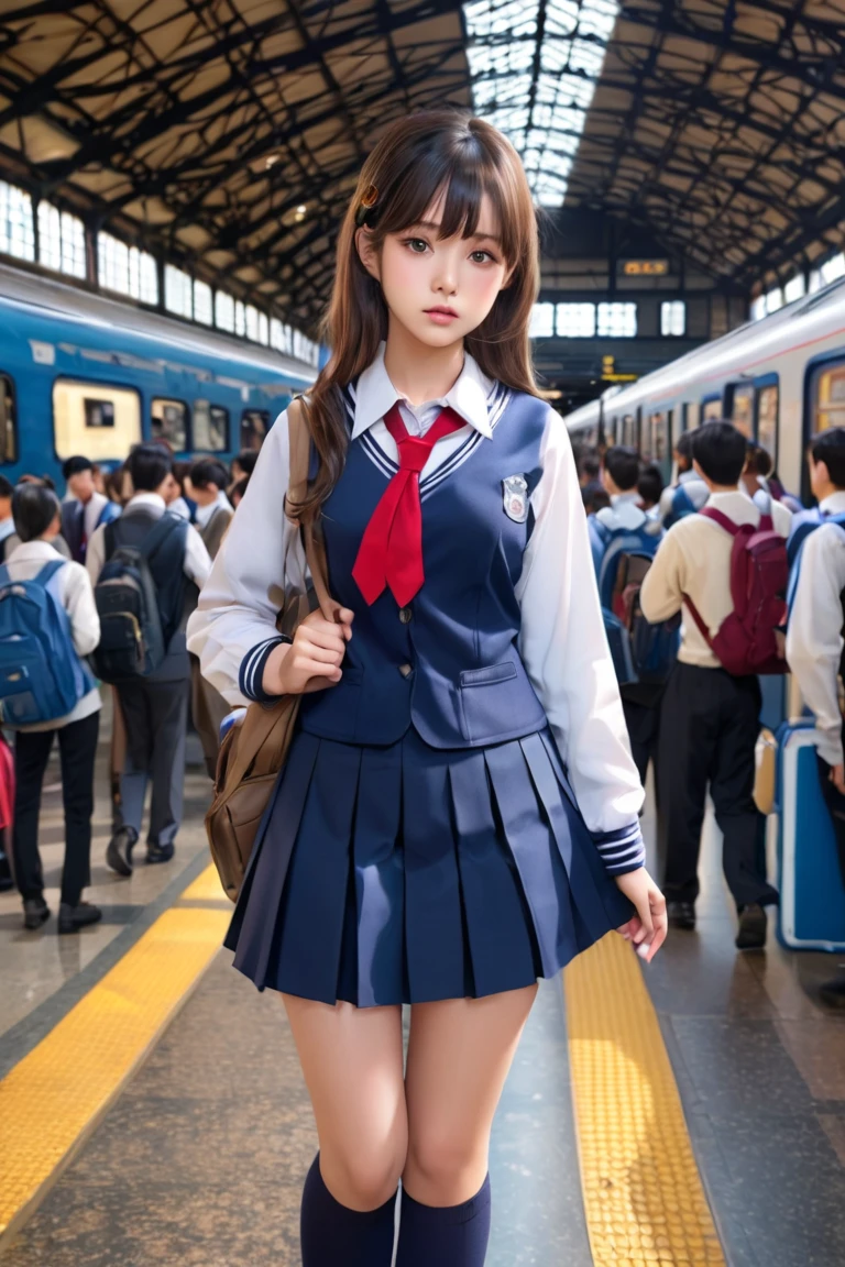 masterpiece, Highest quality, Photorealistic, Very detailed, finely, High resolution, 8k wallpaper, Professional, High level of detail, ((1 female college student:1.2)), Slender Japanese women,, Collarbone Detail, Mid-chest、Perfect Face, (positive:1.2)、Medium Long Hair, Chestnut Hair、(Blue Uniform:1.5)、(mini skirt:1.2)、Cute Face、(Look straight ahead:1.5)、(Brown Skin:1.5)、Full Body Shot