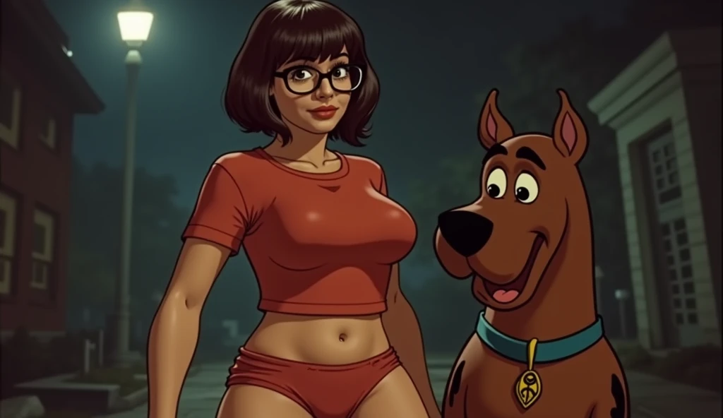 Daphne and Velma kissing. full body. Scooby Doo, four footed dog, watches, on a deserted beach