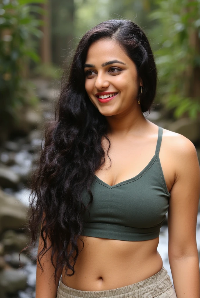 Indian woman black hair straight nose, small nose, makeup, lipstick, toothful grin, smiling, smile.

Indian woman hiking, while wearing a sports bra and short khaki hiking shorts as she stands in a deep green canyon, a beautiful stream, Very big waterfall in the background, hiking boots、Refreshing Stream, beautiful indian woman, blonde Frau, blonde and attractive features,  with long black hair,long hair and large eyes, niedliches weibliches Modell, clevage, navel,looking away from viewer, 8 k lighting, warm lighting, 4k extremely photorealistic, cgsociety uhd 4k highly detailed