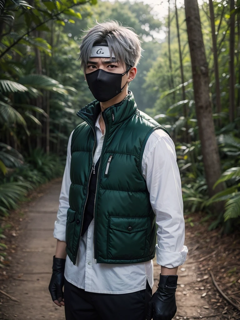 1boy, kakashi, grey hair, covered mouth, mouth mask, red eye, scar across eye, forehead protector, gloves, konohagakure symbol, mature, green vest, pants,
solo, looking at viewer, angry, standing, cowboy shot, outdoors, forest,  